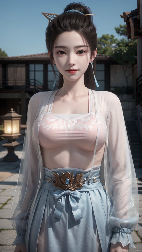 1girl, solo, hanfu, chinese clothes, earrings, jewelry, realistic, hair ornament, black hair, brown eyes, long sleeves, single hair bun, facial mark, mischevious smile, perfect body, scenery, sharp focus, best quality, masterpiece, detailed outfit, illustration, perfect eyes, finely detailed beautiful anime eyes, realistic skin, intricate details, best lighting, depth of field, ultra high resolution,cowboy_shot, dynamic pose, dynamic angle,