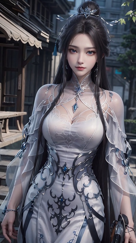  1girl, white dress, solo, hair bun, chinese clothes, mischevious smile, perfect body, scenery, sharp focus, best quality, masterpiece, detailed outfit, illustration, perfect eyes, finely detailed beautiful anime eyes, realistic skin, intricate details, best lighting, depth of field, ultra high resolution,cowboy_shot, dynamic pose, dynamic angle,