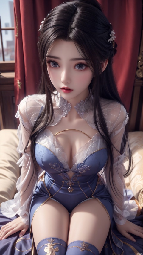  1girl, long hair, thighhighs, lying, perfect body, scenery, sharp focus, best quality, masterpiece, detailed outfit, illustration, perfect eyes, finely detailed beautiful anime eyes, realistic skin, intricate details, best lighting, depth of field, ultra high resolution, bed, from above