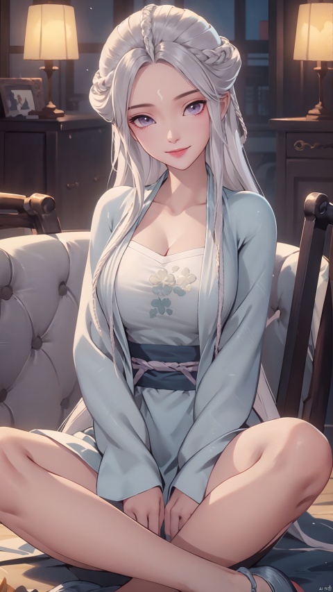 1girl, solo, long hair, white hair, chinese clothes, hanfu, facial mark, forehead mark, grey eyes, long sleeves, braid, realistic, mischevious smile, perfect body, scenery, sharp focus, best quality, masterpiece, detailed outfit, illustration, perfect eyes, finely detailed beautiful anime eyes, realistic skin, intricate details, best lighting, depth of field, ultra high resolution, sitting, dynamic pose, dynamic angle,
