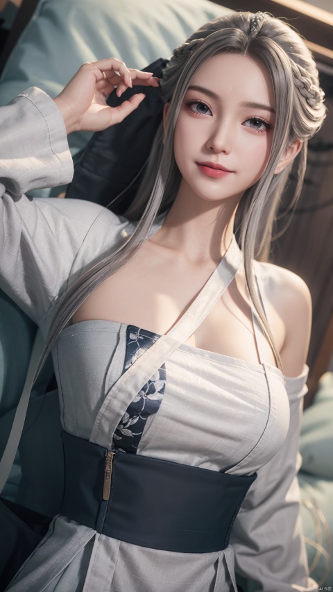 1girl, solo, long hair, white hair, chinese clothes, hanfu, facial mark, forehead mark, grey eyes, long sleeves, braid, realistic, mischevious smile, looking at viewer, lying, perfect body, scenery, sharp focus, best quality, masterpiece, detailed outfit, illustration, perfect eyes, finely detailed beautiful anime eyes, realistic skin, intricate details, best lighting, depth of field, ultra high resolution, bed, from above