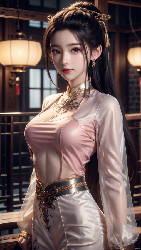  1girl, solo, hanfu, chinese clothes, earrings, jewelry, realistic, hair ornament, black hair, brown eyes, long sleeves, single hair bun, facial mark, mischevious smile, perfect body, scenery, sharp focus, best quality, masterpiece, detailed outfit, illustration, perfect eyes, finely detailed beautiful anime eyes, realistic skin, intricate details, best lighting, depth of field, ultra high resolution,cowboy_shot, dynamic pose, dynamic angle,