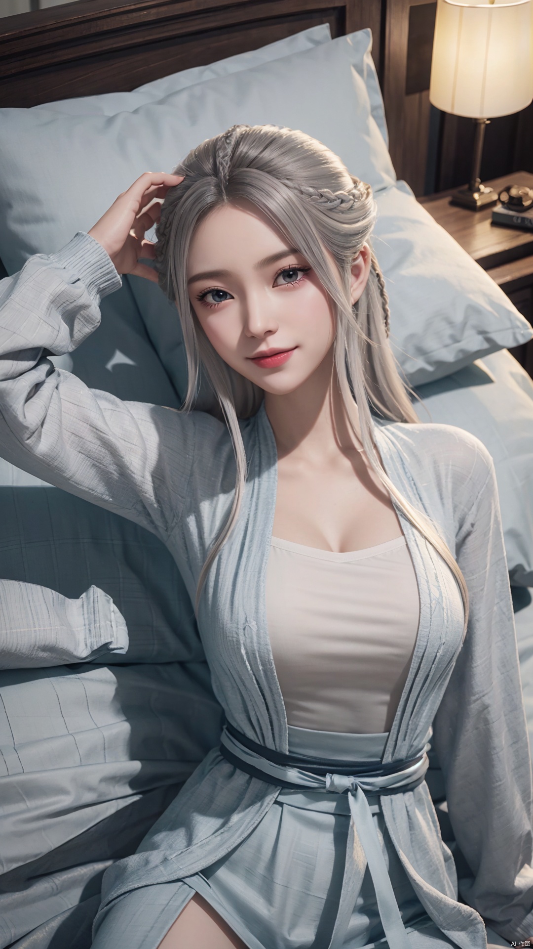 1girl, solo, long hair, chinese clothes, hanfu, facial mark, forehead mark, grey eyes, long sleeves, braid, realistic, mischevious smile, looking at viewer, lying, perfect body, scenery, sharp focus, best quality, masterpiece, detailed outfit, illustration, perfect eyes, finely detailed beautiful anime eyes, realistic skin, intricate details, best lighting, depth of field, ultra high resolution, bed, from above