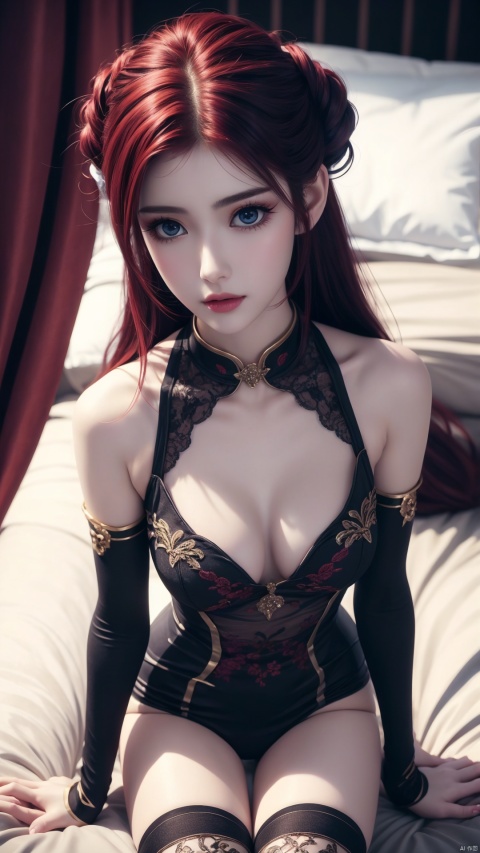  1girl, long hair, thighhighs, lying, perfect body, scenery, sharp focus, best quality, masterpiece, detailed outfit, illustration, perfect eyes, finely detailed beautiful anime eyes, realistic skin, intricate details, best lighting, depth of field, ultra high resolution, bed, from above