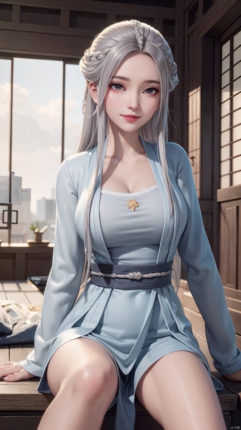 1girl, solo, long hair, white hair, chinese clothes, hanfu, facial mark, forehead mark, grey eyes, long sleeves, braid, realistic, mischevious smile, perfect body, scenery, sharp focus, best quality, masterpiece, detailed outfit, illustration, perfect eyes, finely detailed beautiful anime eyes, realistic skin, intricate details, best lighting, depth of field, ultra high resolution, sitting, dynamic pose, dynamic angle,