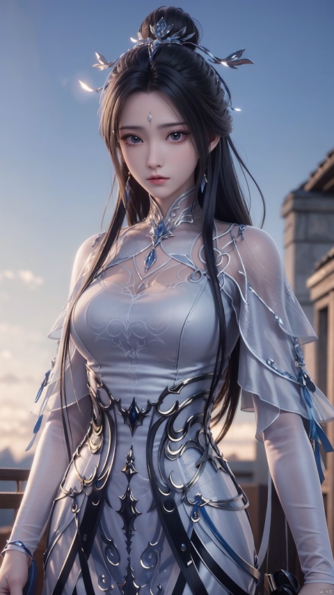 1girl, solo, black hair, hair bun, forehead mark, facial mark, long hair, upper body, dress, hair ornament, earrings, jewelry, single hair bun, expressionless, looking at viewer, realistic, perfect body, scenery, sharp focus, best quality, masterpiece, detailed outfit, illustration, perfect eyes, finely detailed beautiful anime eyes, realistic skin, intricate details, best lighting, depth of field, ultra high resolution,cowboy_shot, dynamic pose, dynamic angle,