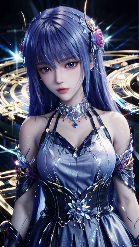 1girl, blue hair, solo, hair ornament, blue eyes, bare shoulders, jewelry, long hair, necklace, strapless skirt, flower, hair flower, perfect body, scenery, sharp focus, best quality, masterpiece, detailed outfit, illustration, perfect eyes, finely detailed beautiful anime eyes, realistic skin, intricate details, best lighting, depth of field, ultra high resolution,cowboy_shot, dynamic pose, dynamic angle,