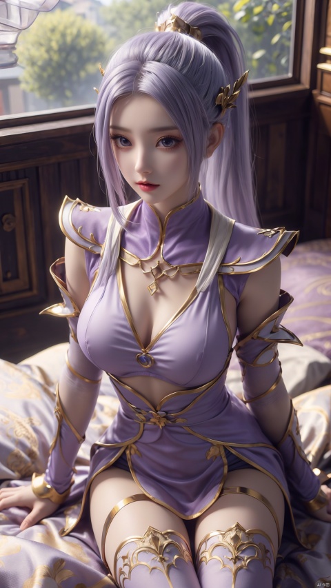  1girl, light purple hair, long hair, pony_tail ,thighhighs, lying, perfect body, scenery, sharp focus, best quality, masterpiece, detailed outfit, illustration, perfect eyes, finely detailed beautiful anime eyes, realistic skin, intricate details, best lighting, depth of field, ultra high resolution, bed, from above