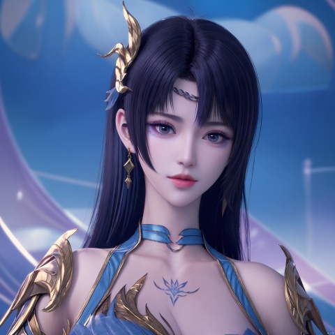  1girl, hair ornament, jewelry, long hair, braid, purple eyes, make_up, tattoo, earrings, blue dress, mischevious smile, perfect body, scenery, sharp focus, best quality, masterpiece, detailed outfit, illustration, perfect eyes, finely detailed beautiful anime eyes, realistic skin, intricate details, best lighting, depth of field, ultra high resolution, close up, dynamic pose, dynamic angle,