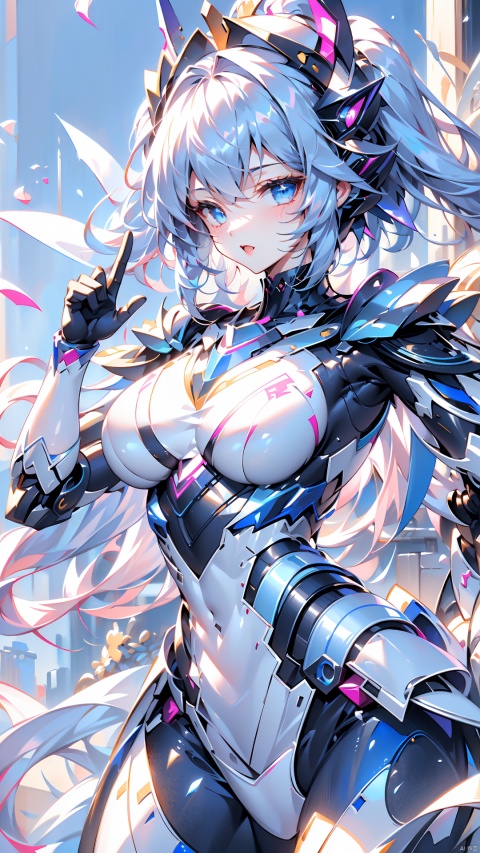  ((best quality)), ((masterpiece)),1girl,(white | blue | Gradient hair),short-hair,bangs, blue eyes, sunny and cheerful,happy,Pink Mecha, mecha_robot,looking_at_viewer,(dynamic pose:1.2), ,BY MOONCRYPTOWOW,full_body,