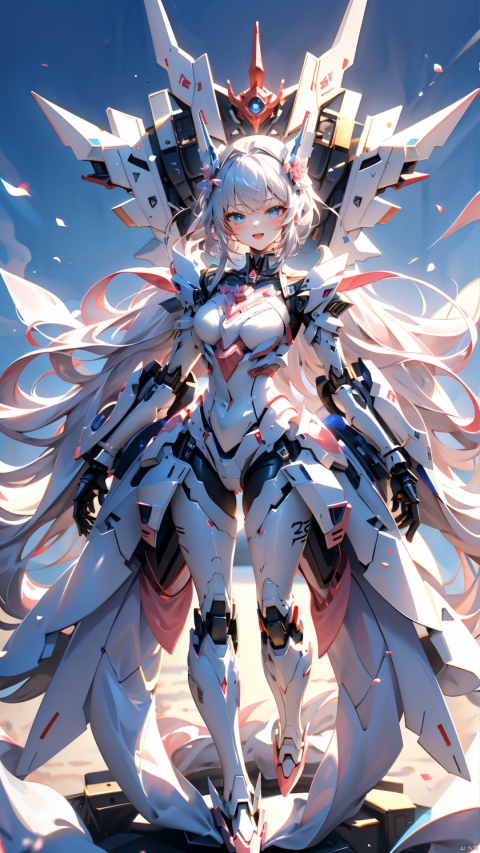  ((best quality)), ((masterpiece)),1girl,(white | blue | Gradient hair),short-hair,bangs, blue eyes, sunny and cheerful,happy,Pink Mecha, mecha_robot,looking_at_viewer,(dynamic pose:1.2), ,BY MOONCRYPTOWOW,full_body, huliya
