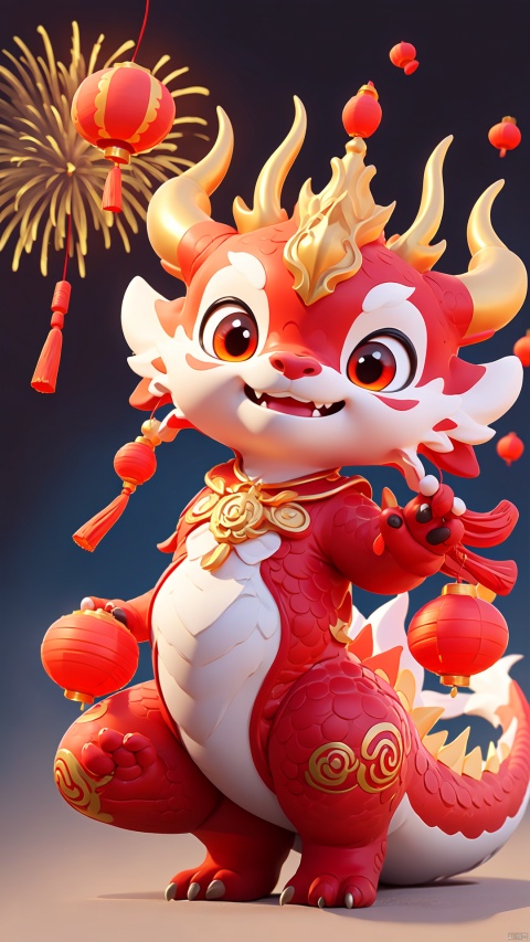  1 red dragon,blue background, a small number of red lanterns, Chinese elements with firecrackers around and fireworks in the background, goddess, colors