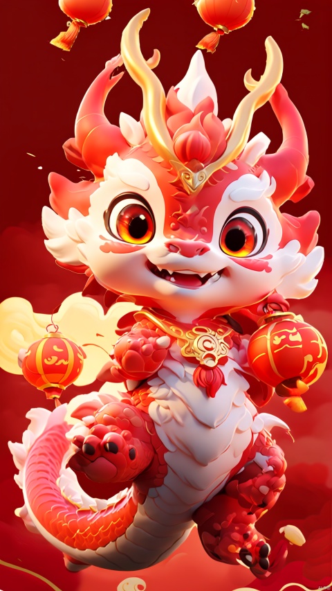  1 red dragon, smile, pink background, a small number of red lanterns, Chinese elements with firecrackers around and fireworks in the background, goddess, colors