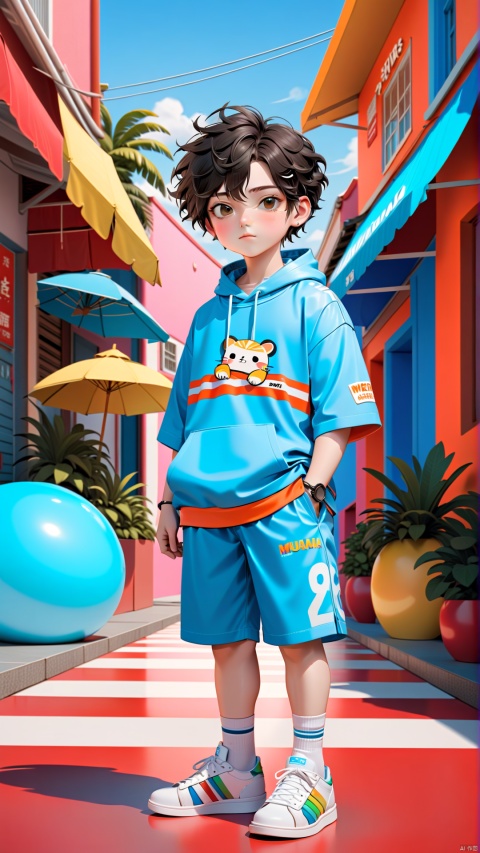  Realistic 3D cartoon style rendering, boys, summer trendy fashion clothing, colorful sportswear, new trendy portraits, fashionable illustrations, vibrant colors, neon realism, made by pop Mart, glossy and delicate, clean background, 3D rendering, OC rendering, 8K, sdmai, wmchahua