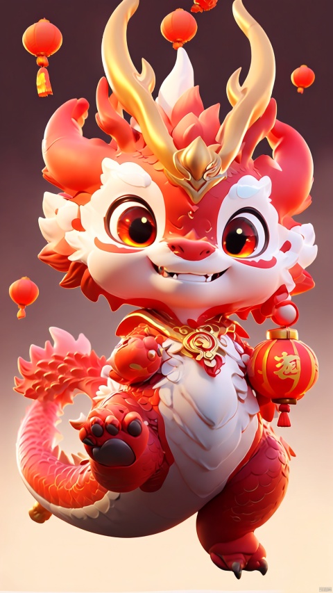  1 red dragon,blue background, a small number of red lanterns, Chinese elements with firecrackers around and fireworks in the background, goddess, colors