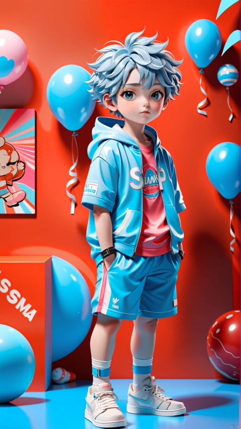  Realistic 3D cartoon style rendering, boys, summer trendy fashion clothing, colorful sportswear, new trendy portraits, fashionable illustrations, vibrant colors, neon realism, made by pop Mart, glossy and delicate, clean background, 3D rendering, OC rendering, 8K, sdmai, wmchahua