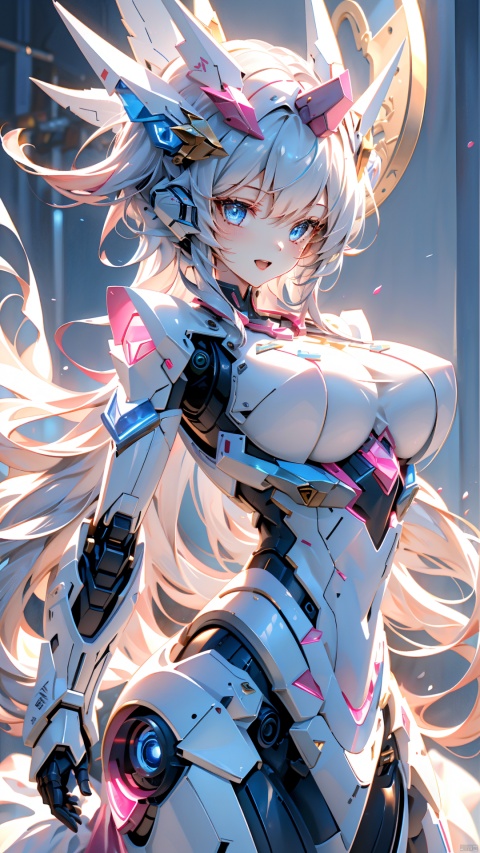  ((best quality)), ((masterpiece)),1girl,(white | blue | Gradient hair),short-hair,bangs, blue eyes, sunny and cheerful,happy,Pink Mecha, mecha_robot,looking_at_viewer,(dynamic pose:1.2), ,BY MOONCRYPTOWOW,full_body, huliya