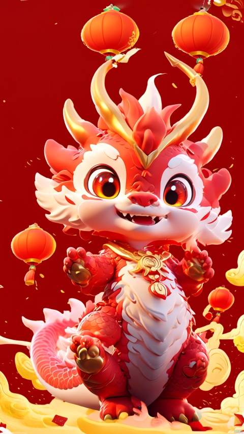  1 red dragon, smile, red background, a small number of red lanterns, Chinese elements with firecrackers around and fireworks in the background, goddess, colors