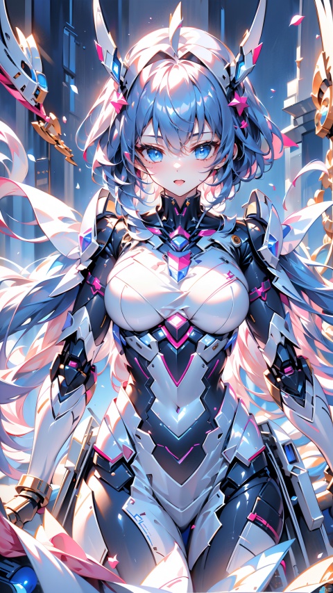  ((best quality)), ((masterpiece)),1girl,(white | blue | Gradient hair),short-hair,bangs, blue eyes, sunny and cheerful,happy,Pink Mecha, mecha_robot,looking_at_viewer,(dynamic pose:1.2), ,BY MOONCRYPTOWOW,full_body,