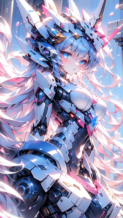  ((best quality)), ((masterpiece)),1girl,(white | blue | Gradient hair),bangs, blue eyes, sunny and cheerful,happy,Pink Mecha, mecha_robot,looking_at_viewer,(dynamic pose:1.2), ,BY MOONCRYPTOWOW