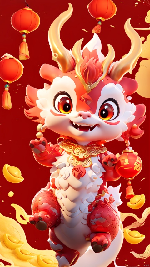  1 red dragon, smile, red background, a small number of red lanterns, Chinese elements with firecrackers around and fireworks in the background, goddess, colors