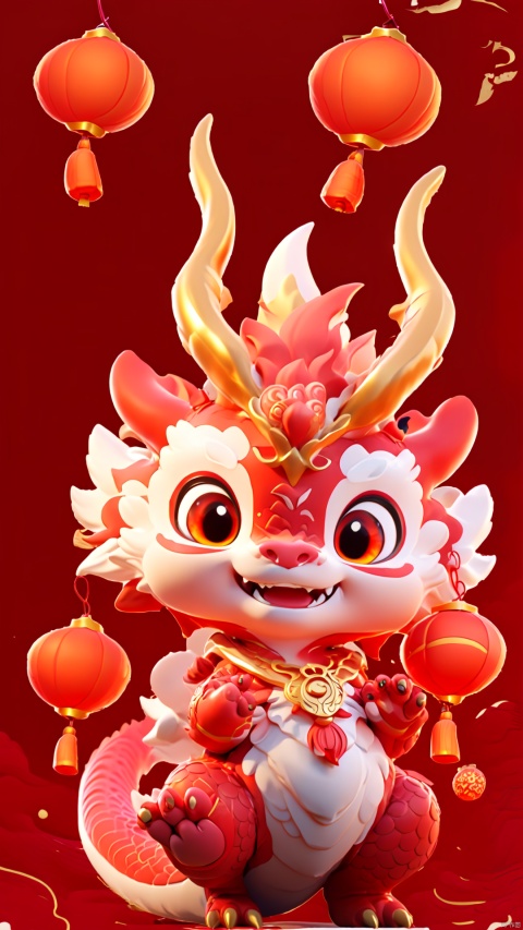  1 red dragon, smile, pink background, a small number of red lanterns, Chinese elements with firecrackers around and fireworks in the background, goddess, colors