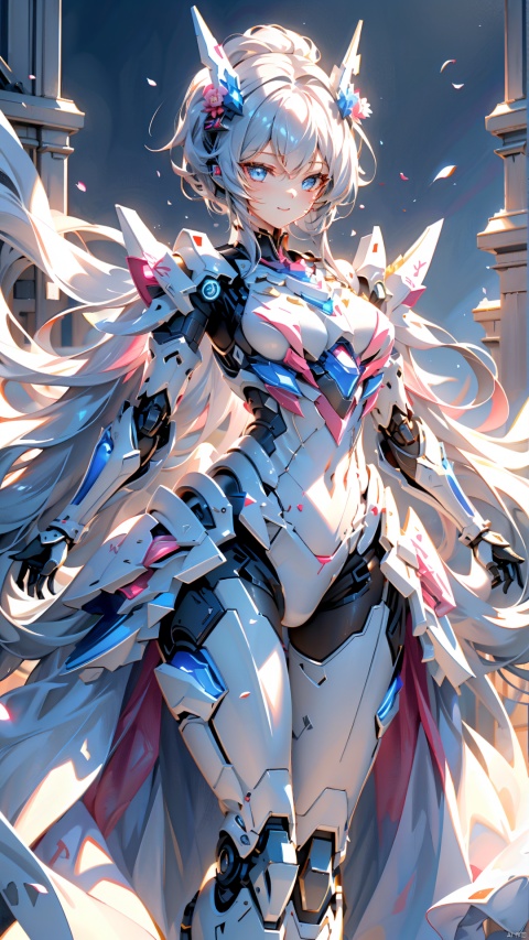  ((best quality)), ((masterpiece)),1girl,(white | blue | Gradient hair),short-hair,bangs, blue eyes, sunny and cheerful,happy,Pink Mecha, mecha_robot,looking_at_viewer,(dynamic pose:1.2), ,BY MOONCRYPTOWOW,full_body, huliya,closed_mouth
