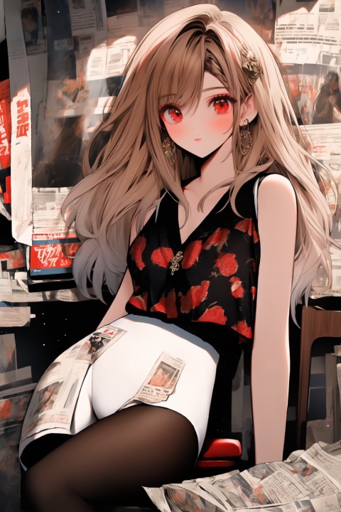  masterpiece,best quality,huge filesize,colorful,depth_of_field,detailed background,detailed details,1girl,solo,hair_ornament,beautiful detailed red eyes,small breasts,vest,print leotard,library,((sitting on a chair)),black_pantyhose,(white|brown|Gradient_hair),newspaper