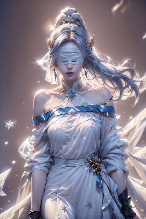  duotone white and blue,1girl,gold_hair, ponytail, (blindfold),The wind blows, close-up,Off Shoulder, (((Binding))),[Armor_dress],depth of field,[ice crystal], (snowflake),

