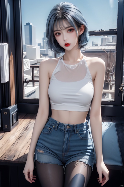 solo, looking at viewer,(white|blue|Gradient hair),  Pantyhose,  Ripped denim shorts,  wide shot,  HDR,  Vibrant colors,  surreal photography,  highly detailed,  masterpiece,  ultra high res,high contrast,  mysterious,  cinematic,  fantasy,  bright natural light,  pantyhose,  loafers, yunqing, Exquisite , Mouth, huliya, 1girl