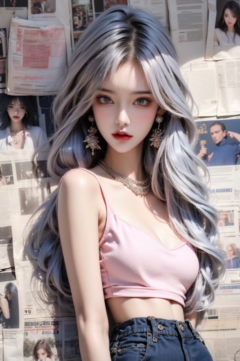 1girl,solo,realistic,solo,Standing,(white|pink|blue_hair),jewelry,Earrings, Necklace,{JK}, Newspaper wall,medium_breasts ,extremely detailed, 8k wallpaper, highly detailed, best quality,huliya, tm,vest,upskirt,stomach cutout,closed_mouth, 1 girl