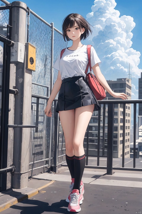 1girl,solo,fashionable,vibrant,posing,front,colorful,dynamic,scene,attention-grabbing,stylish,font,catchy,headline,a girl,standing,miniskirt,kneehighs,sneakers,solo,outdoors,day,bangs,fence,rooftop,blue sky,chain-link fence, cloudy sky,