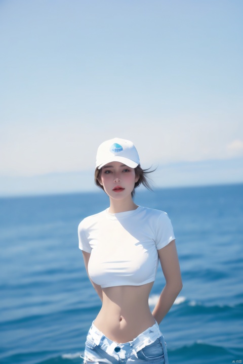 1girl,solo,navel,large_breasts,shirt,midriff,hat,white short sleeves,crop top,brown hair,day,white cap,denim shorts,cowboy shot,realistic,jeans,standing,blurry background,Sea to sky,sea ​​water, huliya, from_above,moyou,shiny skin, bikini