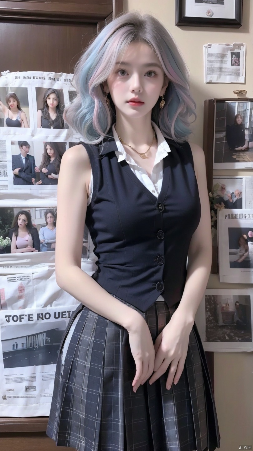  1girl,realistic,solo,Standing,(gold|pink|blue_hair),jewelry,Earrings, Necklace,{JK}, Newspaper wall,medium breasts,extremely detailed, 8k wallpaper, highly detailed,white vest,necktie
