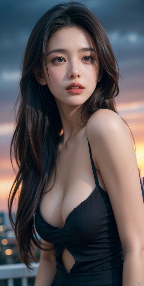  NSFW,Frontal photography,Look front,evening,dark clouds,the setting sun,On the city rooftop,A 20 year old female,Black top,Black Leggings,black hair,long hair, dark theme, muted tones, pastel colors, high contrast, (natural skin texture, A dim light, high clarity) ((sky background))((Facial highlights)),cleavage cutout