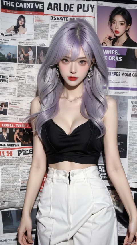 1girl,solo,Standing,(white|purple|Gradient hair), jewelry, Earrings, Necklace, {JK},Newspaper,Newspaper wall, huge filesize, extremely detailed, 8k wallpaper, highly detailed, best quality,medium_hair,medium_breasts,cleavage cutout,vest, pf-hd,hands down, huliya