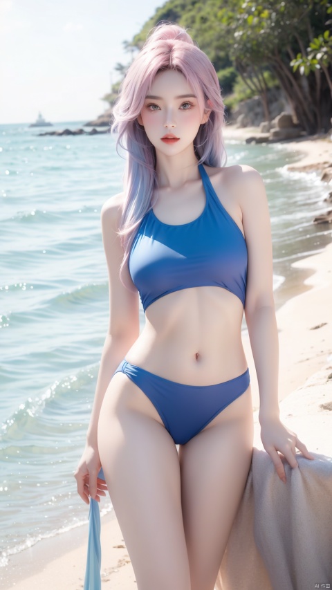  A royal elder sister, taking a full-length photo, is playing at the seaside, beach and outdoor scenes, wearing a bluebathing suit, long legs,(pink|blue|Gradient hair), thin waist and stovepipe.