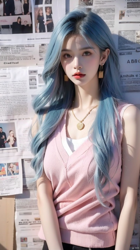  1girl,realistic,solo,Standing,(gold|pink|blue_hair),jewelry,Earrings, Necklace,{JK}, Newspaper wall,medium breasts,extremely detailed, 8k wallpaper, highly detailed, best quality,huliya,white vest,undershirt