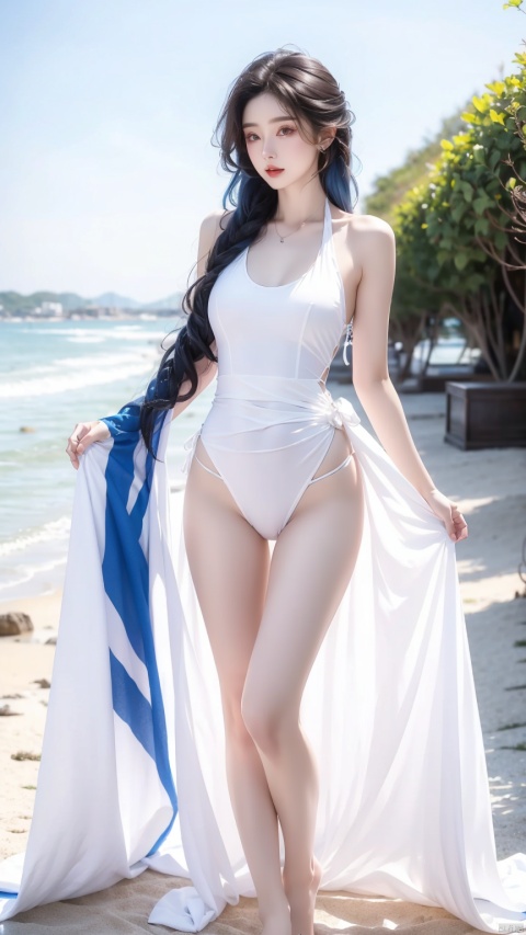  A royal elder sister, taking a full-length photo, is playing at the seaside, beach and outdoor scenes, wearing a blue Japanese one-piece bathing suit, long legs,(white|blue|Gradient hair), thin waist and stovepipe.