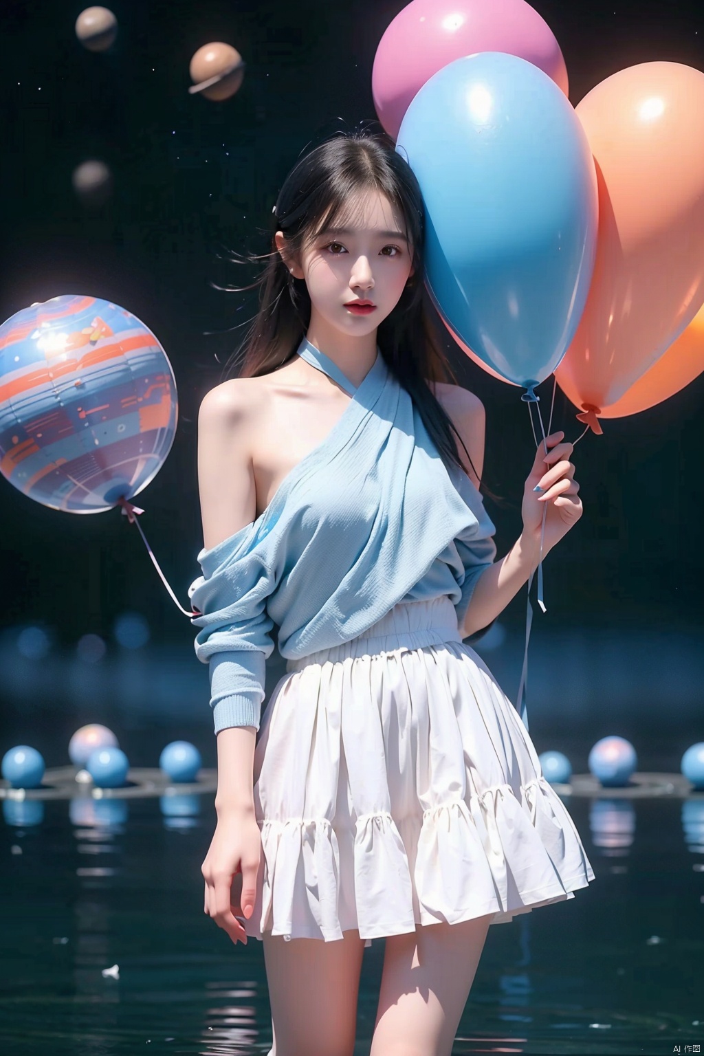  ([balloons:Small planets:0.5]:1.4),(Small_planets inside of balloons:1.4),(lots of colorful Small_planets:1.35),(colorful planets, earth, floating petals, big balloons:1.22),1girl,cute face,standing,detailed beautiful eyes,bare legs,costume combination,perfect body,(white|blue|Gradient hair), ice_planet,(lots of [floting blue Butterflies:floting ice:0.4]:1.22),(detailed light),(an extremely delicate and beautiful),volume light,best shadow,cinematic lighting,Depth of field,Oily skin