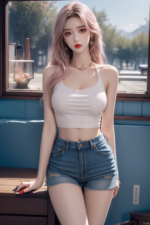 solo, looking at viewer,(white|pink|Gradient hair),  Pantyhose,  Ripped denim shorts,  wide shot,  HDR,  Vibrant colors,  surreal photography,  highly detailed,  masterpiece,  ultra high res,high contrast,  mysterious,  cinematic,  fantasy,  bright natural light,  pantyhose,  loafers, yunqing, Exquisite , Mouth, huliya, 1girl