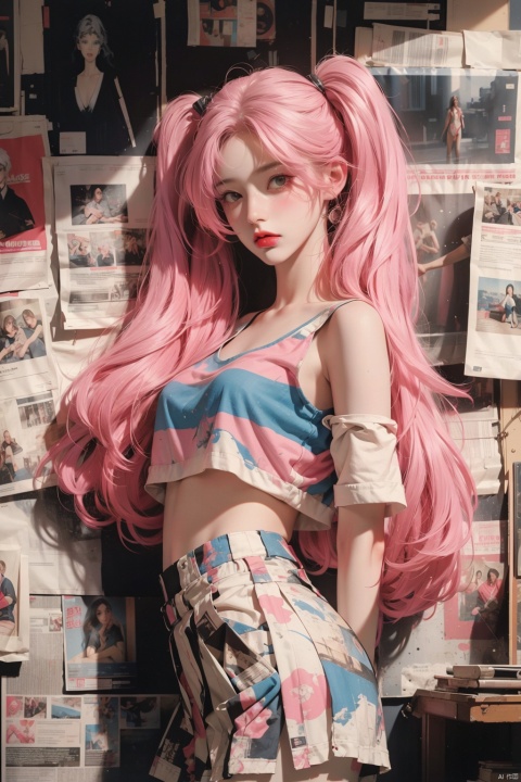  masterpiece, 1girl ((newspaper background)), pink hair,blush, look at viewer,  full body,(Bikini),twintails,twin tails,Pleated skirt,white short skirt,black short skirt,jewelry, (studio light), soft light, official art, beautiful and aesthetic:1.2), extreme detailed, (joshua middleton comic cover art:1.1),  solo,(concretism:1.2), (hypermaximalistic:1.5), highest detailed, (Action painting:1.2), Ray tracing, best quality, best quality,Front view, 