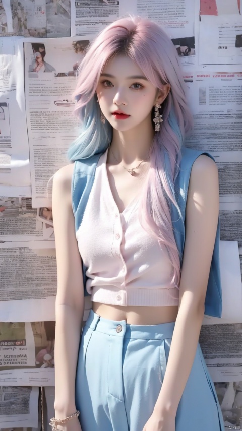  1girl,realistic,solo,Standing,(white|pink|blue_hair),jewelry,Earrings, Necklace,{JK}, Newspaper wall,medium breasts,extremely detailed, 8k wallpaper, highly detailed, best quality,huliya,white vest,undershirt