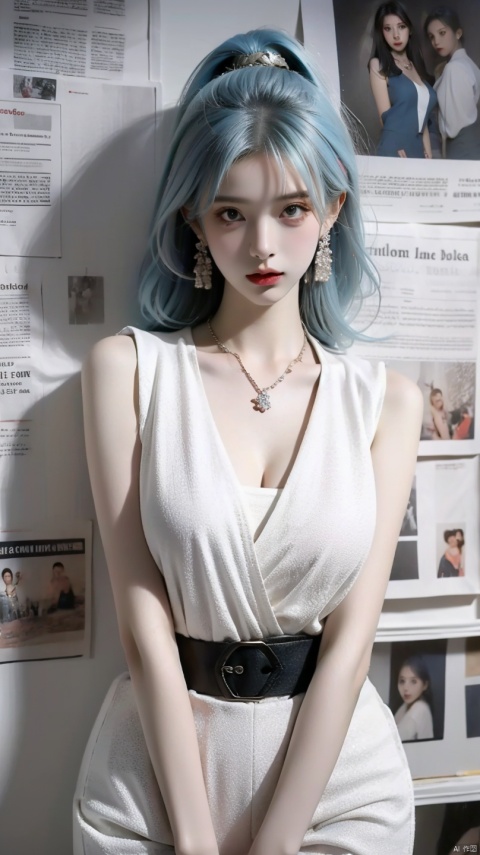  1girl,realistic,solo,Standing,(white|blue_hair),jewelry,Earrings, Necklace,{JK}, Newspaper wall,large breasts,extremely detailed, 8k wallpaper, highly detailed,white vest,huliya,cleavage