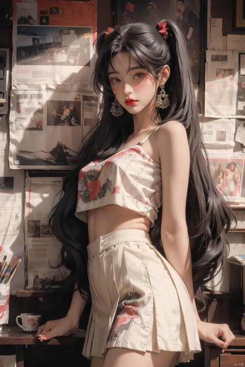  masterpiece, 1girl ((newspaper background)), black hair,Double horsetail, blush, looking at viewers, happy, whole body,(Bikini),twintails,twin tails,Pleated skirt,white short skirt,black short skirt,jewelry, (studio light), soft light, official art, beautiful and aesthetic:1.2), extreme detailed, (joshua middleton comic cover art:1.1), (1girl:1.4), (concretism:1.2), (hypermaximalistic:1.5), highest detailed, huliya, (Action painting:1.2), Ray tracing, best quality, best quality,huliya,fox,looking ahead