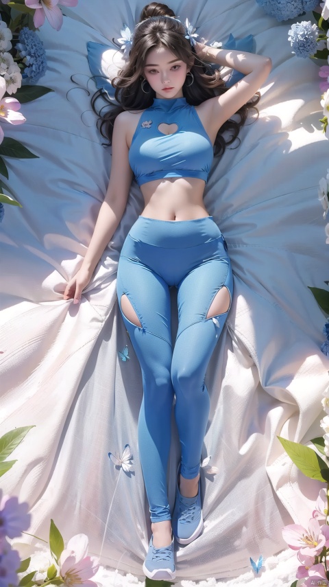  1 girl, (light gray tight yoga suit),brown hair, butterfly headband, white esports earphones, (snow), full body, lying down, navel, fair and transparent skin, viewed from above, represented by heart shape, decorated with blue heart shape, using a large number of heart shapes, using a large number of blue heart shapes as background, using a large number of blue, using a large number of blue flowers, soft light, masterpiece, best quality, 8K, HDR, goddess, Hourglass body shape