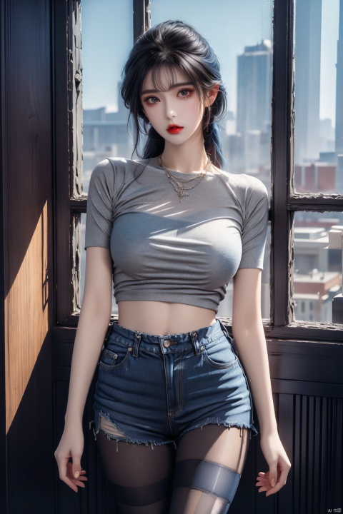 solo,  looking at viewer,  blue hair,  Pantyhose,  Ripped denim shorts,  wide shot,  HDR,  Vibrant colors,  surreal photography,  highly detailed,  masterpiece,  ultra high res,high contrast,  mysterious,  cinematic,  fantasy,  bright natural light,  pantyhose,  loafers, yunqing, Exquisite , Mouth, huliya, 1girl
