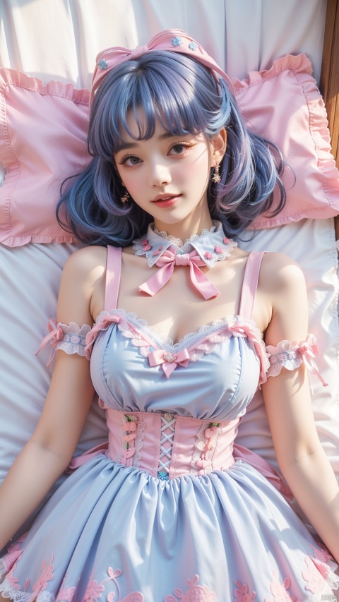 1Girl,bare shoulders,(pink|blue|Gradient hair),boobs,bow tie,brown eyes, collar, ((Lolita Dress: 1.4)) , blue and pink Lolita dress, wrinkled leg outfit, lips, nose, shoulders, (lying on the bed),alone, two-tailed, smiling, looking at the audience, white leg costume