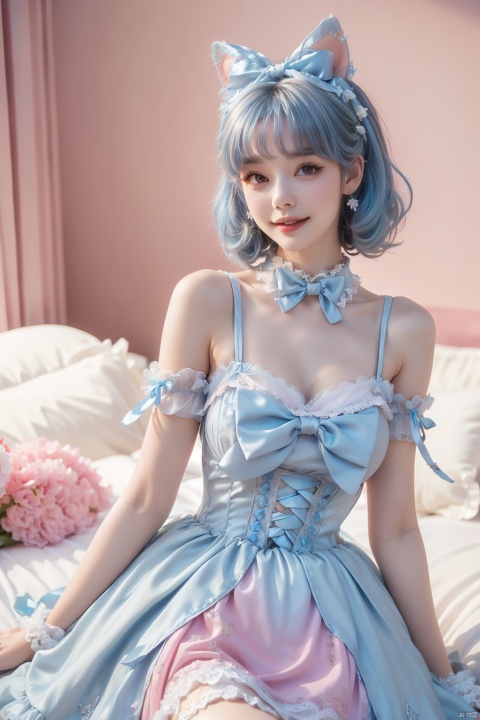 1Girl,bare shoulders,(white|blue|Gradient hair),boobs, bow tie, brown eyes, cat ears, collar, ((Lolita Dress: 1.4)) , blue and pink Lolita dress, wrinkled leg outfit, lips, nose, shoulders, (lying on the bed),alone, two-tailed, smiling, looking at the audience, white leg costume, wrist cuffs