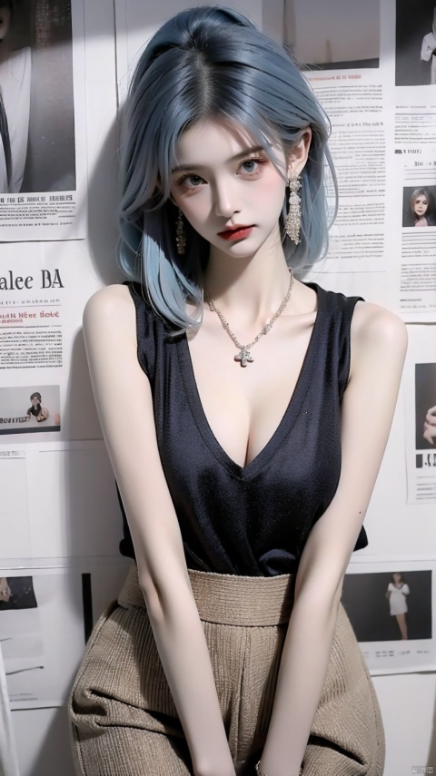  1girl,realistic,solo,Standing,(grey|blue_hair),jewelry,Earrings, Necklace,{JK}, Newspaper wall,large breasts,extremely detailed, 8k wallpaper, highly detailed,white vest,huliya,cleavage